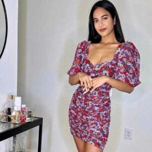 Zara Ruched Floral  Mini Dress Blogger Fav Floral Sz XS